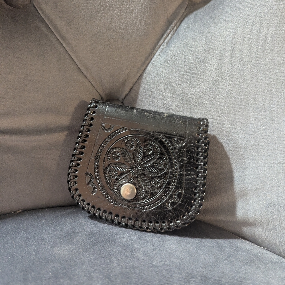 Black Hand-Tooled Leather Coin Purse